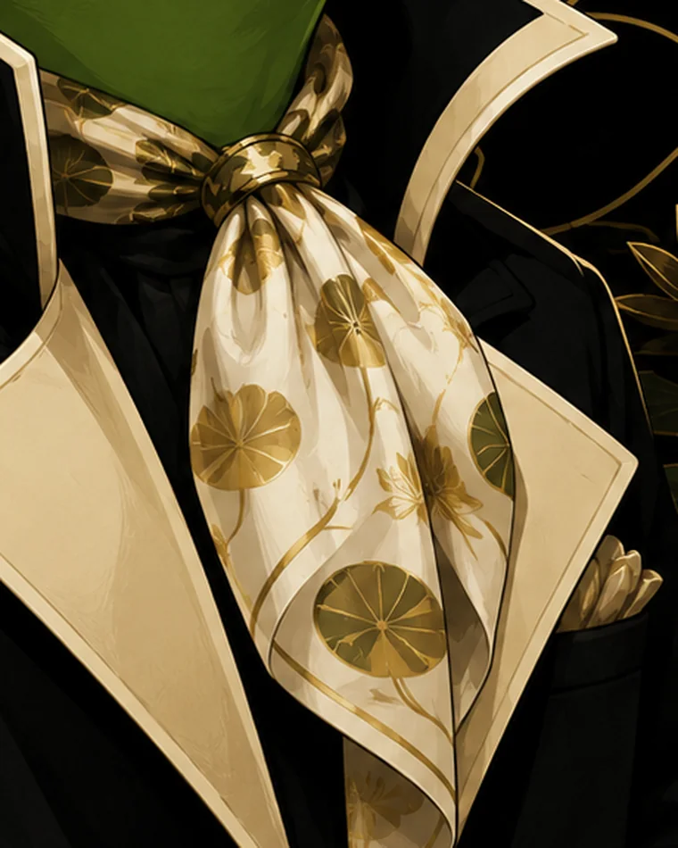 Silk ascot with gold lily motif, knotted